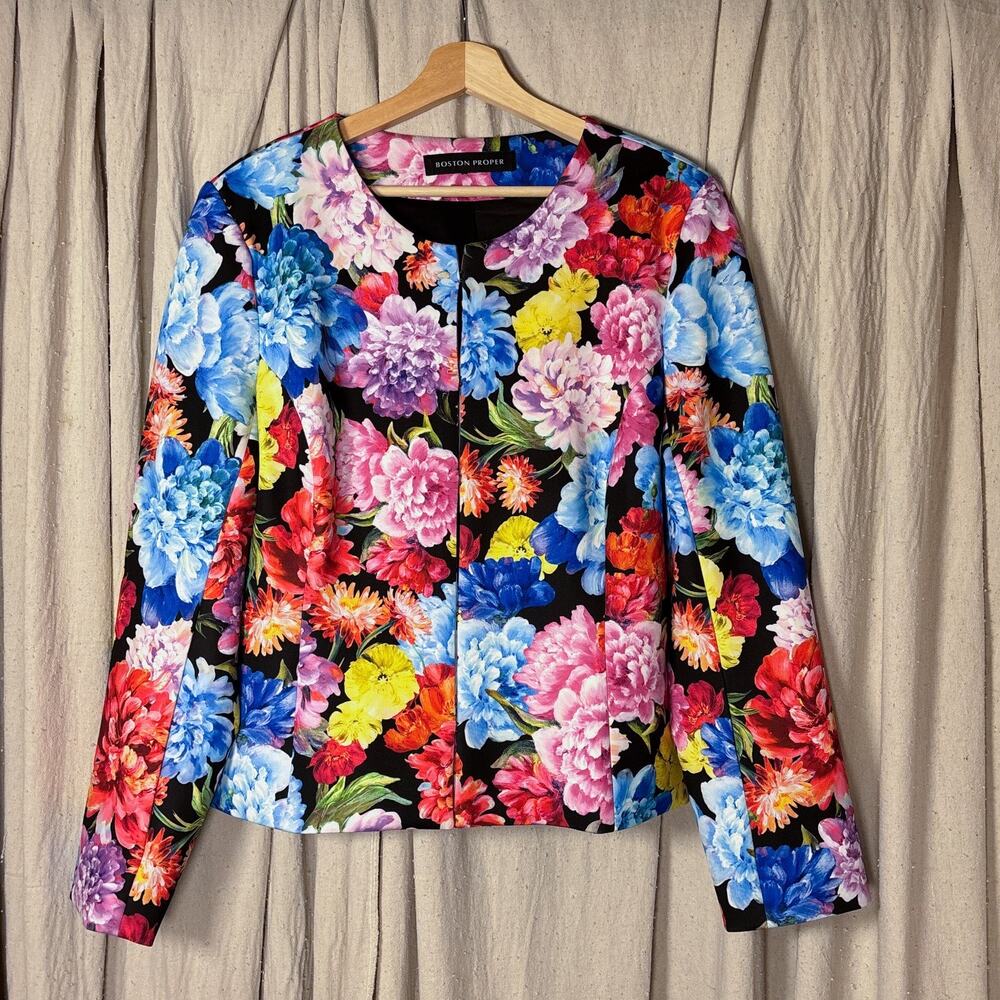 Boston Proper Black Floral Print Blazer Jacket Black Lined Maximal Vibrant M/L‎